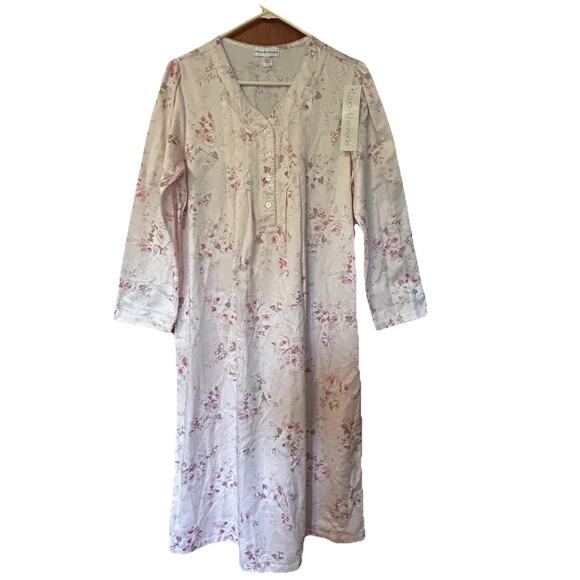 Miss Elaine Women’s Pink Floral Print Long Sleeve V-Neck Nightgown Size M - Picture 1 of 16